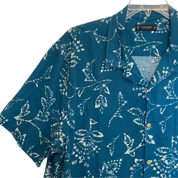 Lucky Brand Club Collar Shirt Womens XXL Teal Blue Tropical Floral Linen Top - Picture 2 of 7
